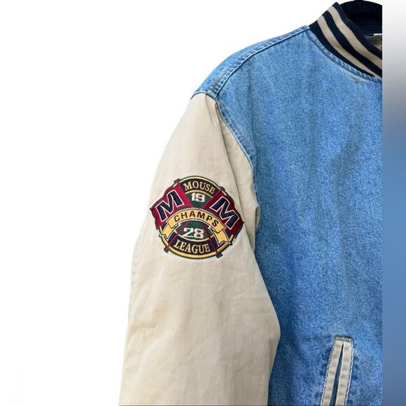 Disney Vintage Mickey Mouse 1928 Varsity "MOM" Embroidered Denim Bomber Jacket - Picture 4 of 9